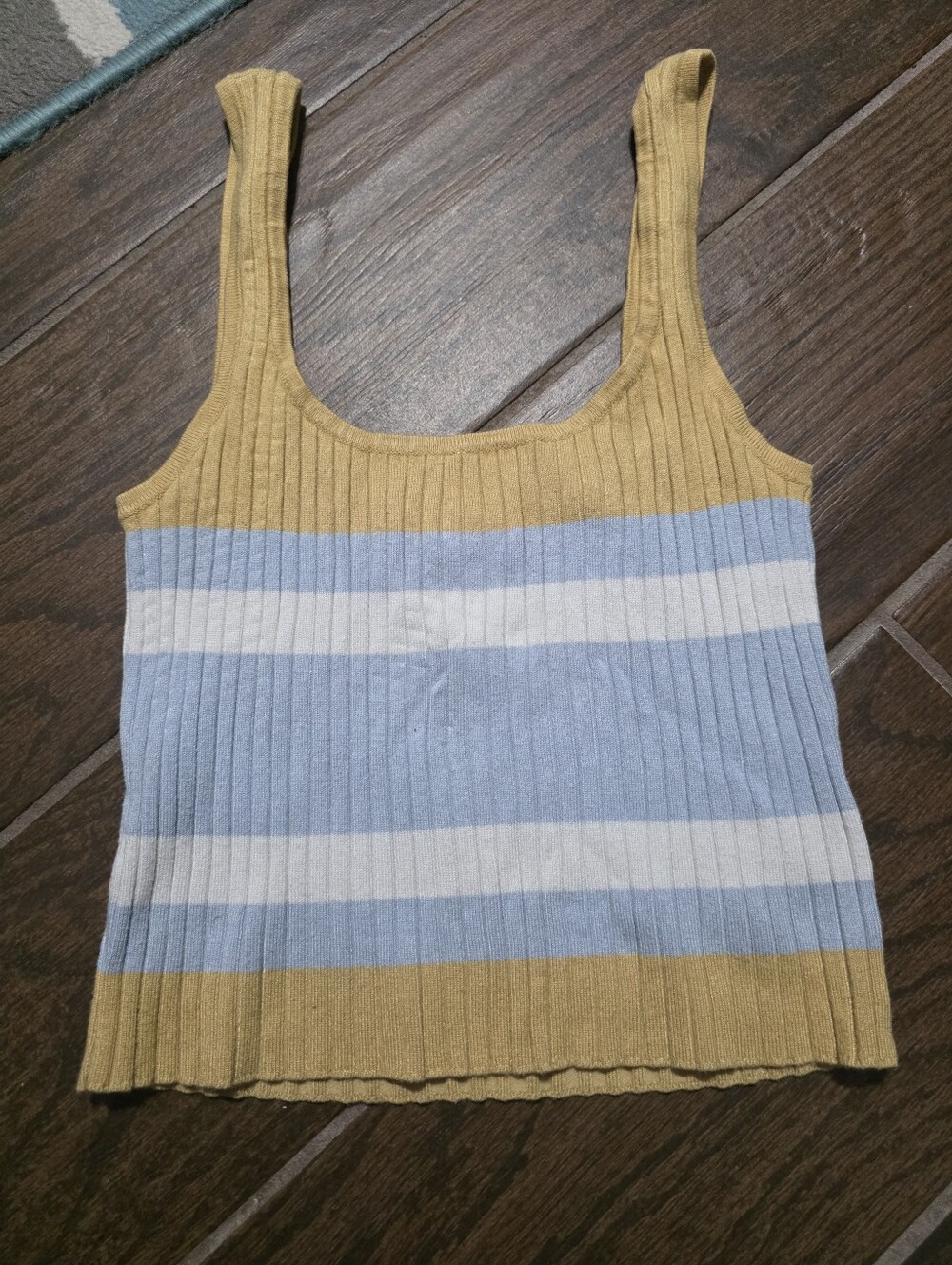 Striped Ribbed Scoop Neck Tank Top - Mustard, Light Blue & White